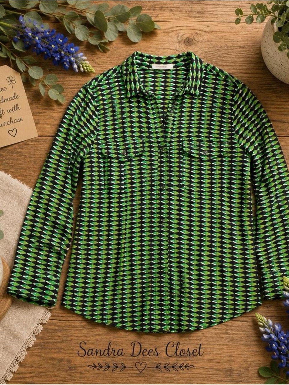 Calvin Klein Green and Black Geometric Button Down Shirt